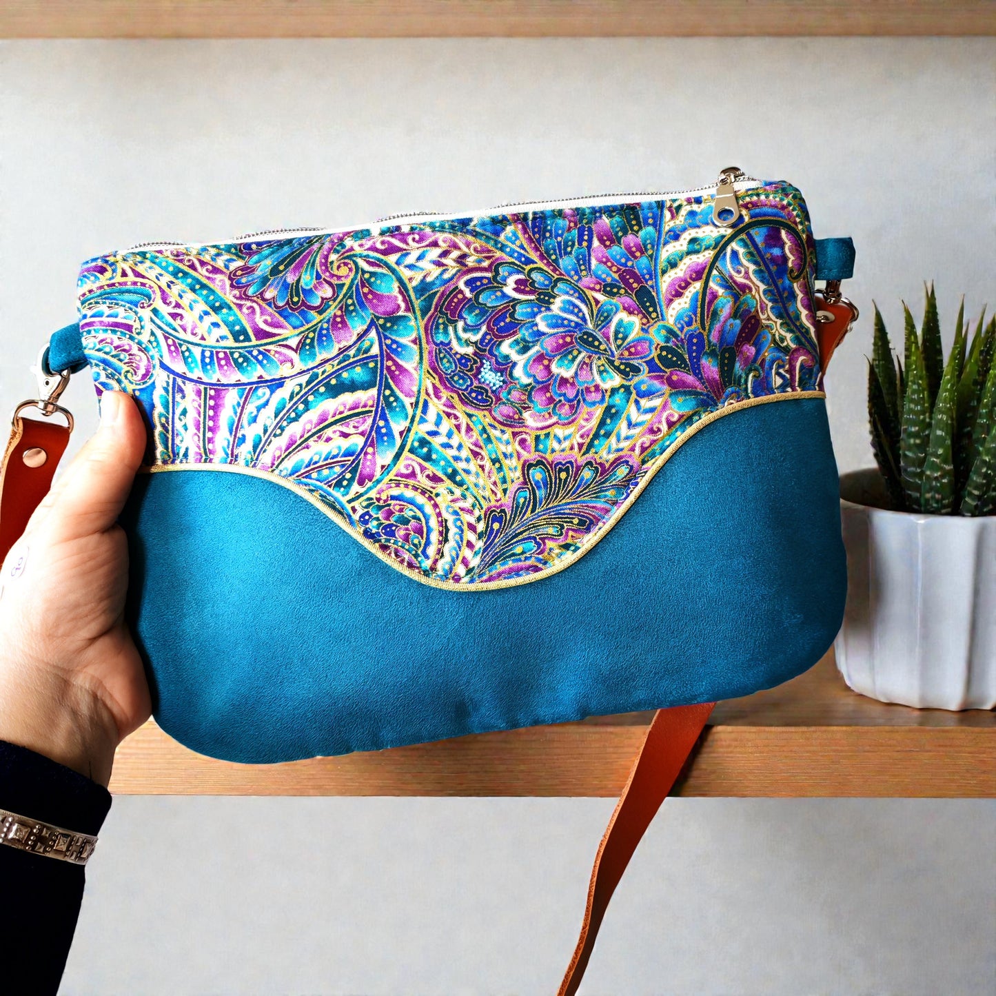 Sac Pils turquoise arabesques violet or