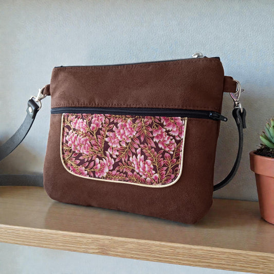 Sac Musette marron fleurs roses
