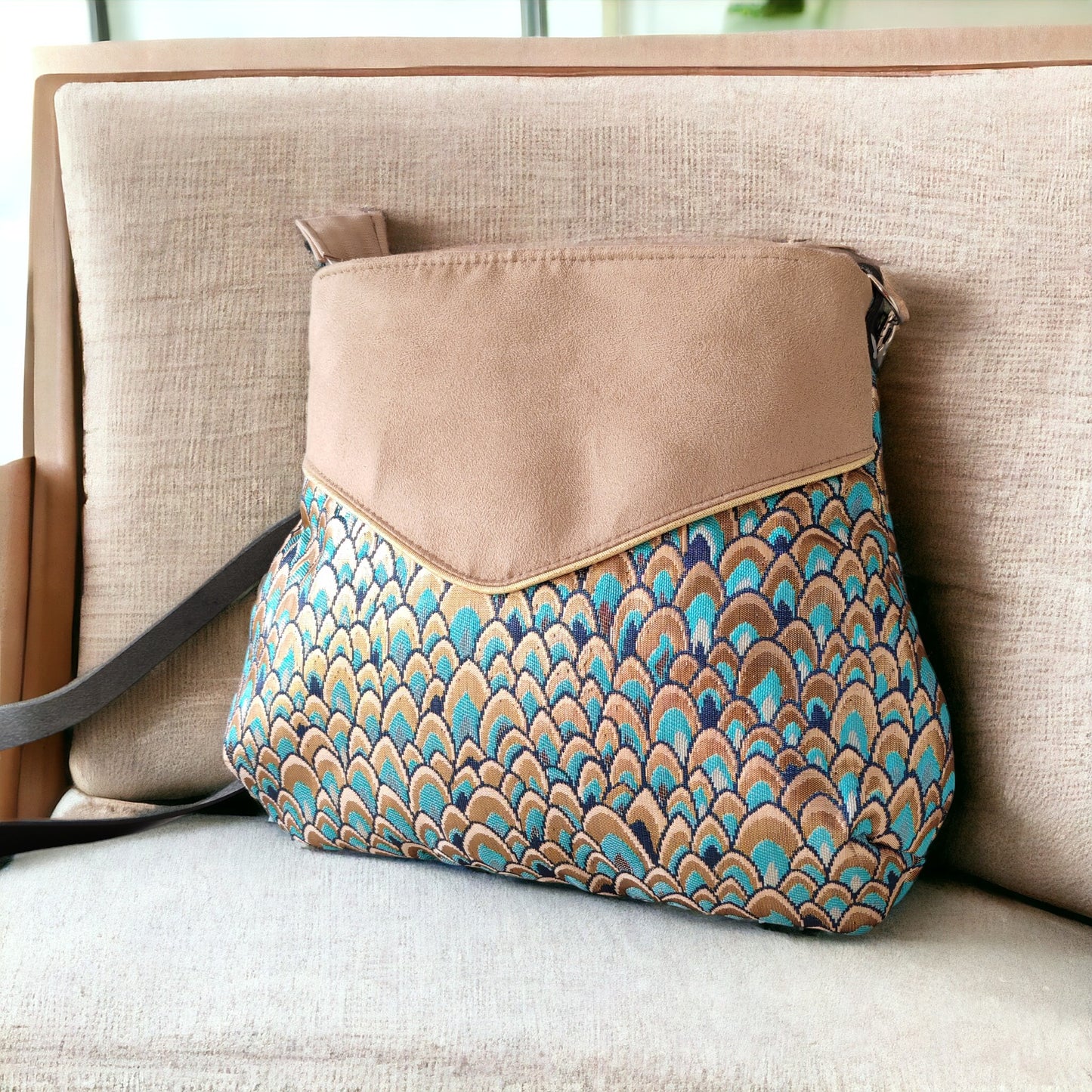Sac Poire jacquard or turquoise écru