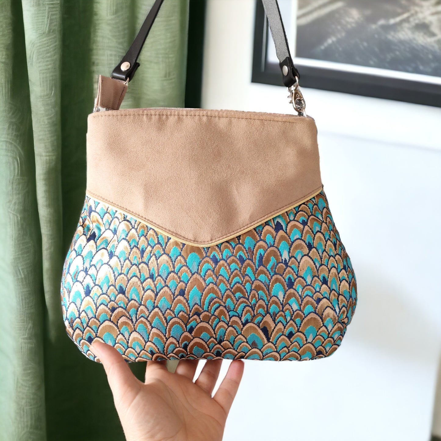 Sac Poire jacquard or turquoise écru